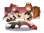  animal_ears birthday blazblue blush body_pillow breasts brown_hair cape celica_a_mercury frip gift gloves hair_ornament highres makoto_nanaya open_mouth ponytail presenting ragna_the_bloodedge ribbon short_hair skirt squirrel_ears squirrel_girl squirrel_tail tail under_boob 