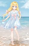  1girl bangs barefoot blonde_hair blue_dress blue_eyes blurry blurry_background blush bow closed_mouth commentary_request day depth_of_field dress eyebrows_visible_through_hair frilled_dress frills hair_between_eyes hair_bow highres horizon long_hair ocean original outdoors pink_bow puffy_short_sleeves puffy_sleeves rimo sailor_collar sailor_dress shallow_water short_sleeves smile solo standing standing_on_one_leg very_long_hair water white_sailor_collar 