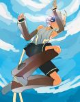  1boy backlighting black_shorts blonde_hair blue_sky clouds collar collared_shirt commentary_request d_futagosaikyou detached_sleeves from_below full_body headphones jumping kagamine_len kagamine_len_(append) leg_warmers lens_flare male_focus see-through see-through_sleeves shirt short_ponytail shorts sketch sky sleeveless sleeveless_shirt spiky_hair sun vocaloid vocaloid_append white_shirt 
