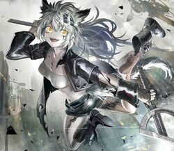  1girl :d alternate_eye_color animal_ears arknights bandeau bangs barefoot black_shorts commentary eyebrows_visible_through_hair hair_between_eyes hair_ornament hairclip highres lappland_(arknights) long_hair looking_at_viewer midriff open_mouth oripathy_lesion_(arknights) scar scar_across_eye sharp_teeth short_shorts shorts silver_hair smile solo strapless teeth tomotototo tubetop wolf_ears yellow_eyes 