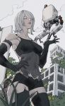  1girl android armlet bangs bare_shoulders black_gloves black_legwear black_shorts building closed_eyes clouds elbow_gloves gloves hair_over_one_eye hand_on_hip highres joints mole mole_under_mouth nier_(series) nier_automata oimkimn outdoors overgrown parted_lips plant pod_(nier_automata) post-apocalypse robot_joints rubble ruins short_hair shorts sky tank_top thigh-highs yorha_type_a_no._2 