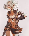  1girl arm_guards bare_shoulders belt breasts cowboy_shot dark_skin eyepatch gloves grey_eyes grey_gloves grey_hair hair_over_one_eye highlights iwamoto_zerogo looking_away looking_to_the_side midriff multicolored_hair navel one_eye_covered original revealing_clothes short_hair simple_background single_glove sleeveless small_breasts solo streaked_hair walking white_hair 