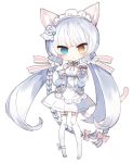  1girl :o animal_ear_fluff animal_ears bangs blue_eyes blunt_bangs blush bow breasts brown_eyes cat_ears cat_girl cat_tail character_request dress eyebrows_visible_through_hair flower full_body garter_straps gloves hair_flower hair_ornament hands_up heterochromia kotatu_(akaki01aoki00) last_origin long_sleeves looking_at_viewer medium_breasts parted_lips paw_pose pink_bow rose sleeves_past_wrists solo standing tail thigh-highs white_dress white_flower white_gloves white_hair white_legwear white_rose 