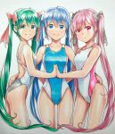  3girls :d :o alternate_eye_color alternate_hair_color backless_swimsuit bare_arms black_bow blue_eyes blue_hair blue_swimsuit blush bow breasts closed_mouth commentary competition_swimsuit cowboy_shot girl_sandwich green_eyes green_hair grey_background grey_swimsuit hair_bow hand_on_another&#039;s_hip hatsune_miku highres holding_hands interlocked_fingers long_hair looking_at_viewer mayo_riyo multiple_girls multiple_persona one-piece_swimsuit open_mouth pink_eyes pink_hair pink_swimsuit red_bow sakura_miku sandwiched sidelocks small_breasts smile swimsuit twintails two-tone_swimsuit very_long_hair vocaloid white_bow white_swimsuit yuki_miku 