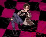  1boy brown_eyes brown_hair denim edward_furlong full_body gogglesyo jeans john_connor looking_at_viewer lying male_focus on_back pants petals shirt smile solo terminator terminator_2:_judgment_day torn_clothes torn_jeans torn_pants twitter_username watch watch 