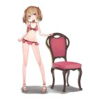  1girl alice_gear_aegis bangs bare_arms bare_legs bare_shoulders bikini breasts brown_footwear brown_hair chair closed_mouth commentary_request frilled_bikini frills full_body head_tilt highres kimikage_yui looking_at_viewer medium_breasts medium_hair navel pink_bikini pink_nails platform_footwear sandals shadow simple_background smile solo standing string_bikini sunga2usagi swimsuit toenail_polish twintails violet_eyes white_background wooden_chair 