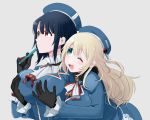  2girls absurdres ascot atago_(kantai_collection) beret black_gloves black_hair blonde_hair blue_headwear breast_grab breasts commentary_request from_behind gloves grabbing green_eyes grey_background groping hat highres kantai_collection large_breasts long_hair military military_uniform multiple_girls one_eye_closed pen red_eyes short_hair simple_background smile takao_(kantai_collection) toriniku_senshi_chikinman uniform upper_body white_neckwear 