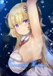 1girl animal_ears arm_up armpits blonde_hair blush breasts character_name dutch_angle eyebrows_visible_through_hair from_side hair_ornament hairclip highres hololive horns large_breasts long_hair looking_at_viewer panbai sideboob snowing solo tsunomaki_watame underbust violet_eyes virtual_youtuber 