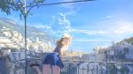  1girl blonde_hair blue_eyes blue_sky breasts building day hand_on_headwear hat high_heels highres leaning_on_rail lips long_hair looking_back medium_breasts original outdoors scenery signature skirt sky sleeveless town wayne_chan 