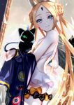  1girl abigail_williams_(fate/grand_order) abigail_williams_(swimsuit_foreigner)_(fate) absurdres artist_request ass bangs bare_shoulders black_bow black_cat black_jacket blonde_hair blue_eyes bow braid braided_bun breasts cat double_bun dress_swimsuit fate/grand_order fate_(series) forehead grin highres jacket keyhole long_hair looking_at_viewer mitre multiple_bows open_clothes open_jacket orange_bow parted_bangs sidelocks small_breasts smile swimsuit twintails very_long_hair white_headwear white_swimsuit 