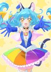  1girl :d absurdres animal_ear_fluff animal_ears bangs black_choker blue_gloves blue_hair blue_headwear blue_jacket cat_ears cat_tail choker collarbone cowboy_shot cure_cosmo elbow_gloves floating_hair fur-trimmed_gloves fur-trimmed_legwear fur_trim gloves hair_between_eyes hat hat_ornament highlights highres jacket layered_skirt long_hair mini_hat miniskirt multicolored multicolored_clothes multicolored_hair multicolored_skirt open_mouth outstretched_arms pleated_skirt precure reaching_out sharumon skirt sleeveless sleeveless_jacket smile solo standing star_(symbol) star_hat_ornament star_twinkle_precure tail thigh-highs very_long_hair yellow_eyes zettai_ryouiki 