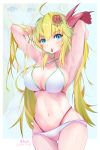  1girl armpits arms_up blonde_hair blue_eyes breasts dated flower hair_flower hair_ornament highres large_breasts long_hair looking_at_viewer navel original rose solo swimsuit weaksun 