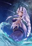  1girl bikini black_horns blush braid detached_sleeves fate/grand_order fate_(series) horns komugikokonko long_braid long_hair looking_at_viewer looking_back night ocean oni_horns outstretched_hand partially_submerged purple_bikini purple_sarong red_eyes sarong shooting_star silver_hair single_braid sky smile solo standing star_(sky) starry_sky swimsuit tomoe_gozen_(fate/grand_order) tomoe_gozen_(swimsuit_saber)_(fate) very_long_hair waves wide_sleeves 