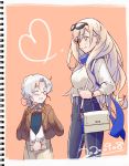  2girls absurdres bag blonde_hair blue_eyes blue_scarf brown_jacket closed_eyes commentary_request cowboy_shot dated eyewear_on_head glasses grey_hair hair_between_eyes high-waist_pants high_heels highres hirato_(kantai_collection) jacket jacket_on_shoulders kantai_collection long_hair mole mole_under_eye mole_under_mouth multiple_girls orange_background pants parted_lips richelieu_(kantai_collection) sadakuma scarf shirt short_hair shoulder_bag skirt sunglasses watch watch wavy_hair white_shirt white_skirt 