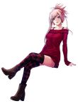  1girl applekun argyle argyle_legwear asymmetrical_hair black_shorts blue_eyes boots brown_footwear casual collarbone dress earrings fate/grand_order fate_(series) hair_ornament hair_scrunchie invisible_chair jewelry long_hair long_sleeves looking_at_viewer miyamoto_musashi_(fate/grand_order) nail_polish off-shoulder_sweater off_shoulder parted_lips pink_hair pink_nails red_scrunchie red_sweater scrunchie short_shorts shorts shorts_under_dress simple_background sitting solo sweater sweater_dress thigh-highs tied_hair white_background zettai_ryouiki 