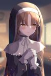  1girl bangs blurry blurry_background blush brown_eyes brown_hair gloves habit highres indoors long_hair night199812 nijisanji nun parted_bangs sister_cleaire solo upper_body very_long_hair white_gloves 