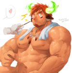  1boy 1other animal_ears bara blush brown_hair chest facial_hair food forked_eyebrows glowing_horns goatee highres horns male_focus manly muscle naked_towel pocky short_hair sketch tamazukiyama thick_eyebrows tokyo_houkago_summoners towel upper_body wakan_tanka white_background 
