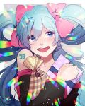  1girl 39 alternate_hairstyle blue_eyes detached_sleeves gift hair_rings hatsune_miku highres hiiro holding holding_gift looking_at_viewer open_mouth smile solo vocaloid 