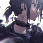  1girl absurdres black_eyes black_hair blurry cable choker closed_mouth commentary_request depth_of_field earphones english_commentary eyelashes highres light_oooo machinery mixed-language_commentary motion_blur original ponytail portrait profile shards solo white_background 