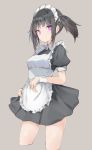  1girl black_hair closed_mouth eyebrows_visible_through_hair eyes_visible_through_hair frills grey_background highres maid maid_headdress medium_hair multicolored multicolored_hair original puffy_sleeves purple_hair ryou_(ponpgo) simple_background solo twintails violet_eyes 