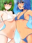  2girls asymmetrical_docking bikini blue_bikini blue_bow blue_hair bow breast_press breasts cirno closed_mouth daiyousei eyebrows_visible_through_hair fairy_wings green_eyes green_hair hair_bow hekiga_(freelot) highres ice ice_wings looking_at_viewer medium_breasts multiple_girls navel open_mouth short_hair small_breasts sweat swimsuit tan touhou white_bikini wings 