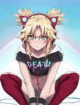  1girl axent_wear bangs bespectacled black_shirt blonde_hair blush braid breasts cat_ear_headphones closed_mouth clothes_writing commentary_request crop_top fang fang_out fate/apocrypha fate_(series) french_braid glasses green_eyes grey_shorts hair_ornament hair_scrunchie headphones highres long_hair looking_at_viewer midriff mordred_(fate) mordred_(fate)_(all) navel parted_bangs red-framed_eyewear red_legwear red_scrunchie scrunchie shirt short_sleeves shorts sidelocks small_breasts squatting tonee twintails 