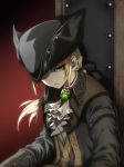  1girl absurdres ascot black_ribbon blonde_hair bloodborne brown_coat chair coat commentary_request gem gloves gradient gradient_background green_eyes hair_ribbon hat hat_feather highres lady_maria_of_the_astral_clocktower long_hair long_sleeves looking_at_viewer parted_lips ponytail red_background ribbon shaded_face shimoda_masaya sitting solo the_old_hunters tricorne unamused upper_body 