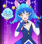  1girl ;d animal_ear_fluff animal_ears blue_choker blue_gloves blue_hair blue_jacket blue_skirt cat_ears character_name choker collarbone copyright_name detached_sleeves flat_chest gloves hair_ornament highres hikari_(hikari_no_kobako) jacket long_hair long_sleeves looking_at_viewer miniskirt one_eye_closed open_mouth partially_unzipped pleated_skirt precure prunce_(precure) shiny shiny_hair skirt sleeveless sleeveless_jacket smile star_twinkle_precure white_sleeves yellow_eyes yuni_(precure) 