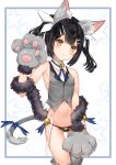  1girl absurdres animal_ears bangs bare_shoulders black_hair blush breasts brown_eyes cat_ears cat_tail fate/kaleid_liner_prisma_illya fate_(series) feathers gloves hair_feathers hair_ornament hairclip highres long_hair looking_at_viewer miyu_edelfelt navel panties paw_gloves paws simple_background small_breasts tail thighs underwear white_background yukineko1018 