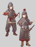  2girls :&lt; armor black_hair boots chinese_armor chinese_clothes commentary_request fangdan_runiu faulds full_armor grey_background hand_on_hip helmet medieval multiple_girls original sheath sheathed shoulder_armor soldier sword vambraces weapon yellow_eyes 