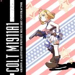  1girl ahoge american_flag american_flag_print bare_shoulders blonde_hair boots breasts character_name circle_a commentary_request english_text eyebrows_visible_through_hair flag_print full_body girls_frontline gloves gun handgun high_heel_boots high_heels highres holding holding_gun holding_weapon looking_at_viewer m1911 m1911_(girls_frontline) necktie pistol short_hair skirt sleeveless solo star_(symbol) striped striped_background striped_legwear thigh-highs weapon 