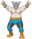  1boy arms_up artist_request beard black_eyes black_hair blue_legwear boots clenched_hands collarbone crasher_wake facial_hair full_body gym_leader happy leggings looking_at_viewer lowres male_focus mask muscle official_art open_mouth orange_footwear outstretched_arms pokemon pokemon_(game) pokemon_dppt shirtless short_hair skin_tight smile solo standing teeth transparent_background very_short_hair wristband 