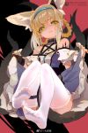  1girl animal_ears arknights bangs bare_shoulders blonde_hair blue_hairband commentary_request dm_(dai_miao) eyebrows_visible_through_hair fox_ears green_eyes hair_between_eyes hair_rings hairband head_tilt highres looking_at_viewer no_shoes oripathy_lesion_(arknights) short_hair skirt_hold solo suzuran_(arknights) thigh-highs thighs white_legwear 