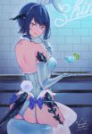  1girl :p absurdres alcohol animal_ears ass au_ra bangs bar bar_stool bare_back bare_shoulders blue_bow blue_choker blue_eyes blue_garter_straps blue_gloves blue_hair blue_horns blue_panties blue_scales blue_tail blue_theme blush bow breasts bunny_girl bunny_tail bustier chair choker cocktail cocktail_glass commentary_request commission corset cowboy_shot cross-laced_clothes cup dragon_girl dragon_horns dragon_tail drink drinking_glass elbow_gloves eyebrows_visible_through_hair eyelashes fake_animal_ears fake_tail fictional_persona final_fantasy final_fantasy_xiv finger_to_cheek finger_to_mouth frilled_choker frills garter_straps glass gloves hand_up highres holding holding_tray horns huge_filesize indoors knee_up lace lace-trimmed_legwear lace_trim looking_at_viewer looking_back medium_breasts neon_lights panties rabbit_ears scales shiny shiny_hair shiny_skin short_hair sideboob sidelocks signature sitting skindentation smile solo stool strapless string_panties swept_bangs table tail thigh-highs tongue tongue_out tray underwear uni_(melm) white_legwear 