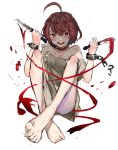  1girl ahoge bare_shoulders barefoot blood blood_on_face bloody_weapon blush broken broken_chain brown_hair chain cuffs glowing hair_between_eyes highres holding holding_knife holding_weapon knife lens_flare looking_at_viewer open_mouth original red_eyes ryou_(ponpgo) shackles short_hair simple_background sketch slave smile solo stitches teeth toenails tongue torn_clothes upper_teeth weapon white_background 