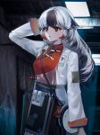  1girl absurdres arknights black_hair blush grey_hair hand_behind_head highres indoors labcoat long_hair long_sleeves multicolored_hair open_mouth red_eyes snowsant_(arknights) solo standing two-tone_hair xina2538 