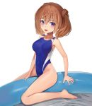  1girl alice_gear_aegis bare_arms bare_legs bare_shoulders barefoot blue_swimsuit breasts brown_hair commentary_request covered_navel fang highleg highleg_swimsuit highres innertube kimikage_yui large_breasts looking_at_viewer medium_hair one-piece_swimsuit solo straddling sunga2usagi swimsuit twintails two-tone_swimsuit violet_eyes white_swimsuit 