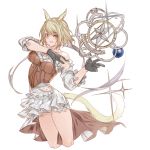  1girl animal_ears astrologian_(final_fantasy) bangs bare_shoulders black_gloves blonde_hair blush breasts brown_eyes card cat_ears cat_tail cropped_legs detached_sleeves eyebrows_visible_through_hair final_fantasy final_fantasy_xiv frills gloves kochiya_(gothope) looking_at_viewer medium_breasts miqo&#039;te smile solo swept_bangs tail white_background 