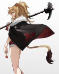  1girl animal_ears arknights bangs bare_legs black_jacket blonde_hair breasts candy commentary_request feet_out_of_frame food from_side fur-trimmed_jacket fur_trim gradient gradient_background grey_background hammer highres holding holding_food holding_hammer holding_weapon jacket jacket_on_shoulders lion_ears lion_tail lollipop long_hair looking_at_viewer medium_breasts over_shoulder ponytail profile raw_egg_lent red_shorts short_shorts shorts siege_(arknights) solo standing tail thighs weapon weapon_over_shoulder yellow_eyes 