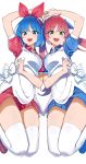  2girls absurdres arm_up bangs blue_eyes blue_hair blue_ribbon blue_shirt blue_shorts bow eyebrows_visible_through_hair green_eyes hair_bow hair_ribbon hairband heart_arms heart_arms_duo highres long_hair multiple_girls omega_rei omega_rio omega_sisters omega_symbol open_mouth pink_hair puffy_short_sleeves puffy_sleeves red_hairband red_ribbon red_shirt red_shorts ribbon shinomu_(cinomoon) shirt short_hair short_shorts short_sleeves shorts simple_background smile twintails virtual_youtuber white_background 