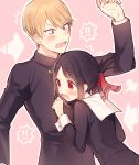  !! /\/\/\ 1boy 1girl @_@ arm_up arrow_(symbol) bangs black_dress black_hair blonde_hair blue_eyes blush collarbone commentary_request dress embarrassed folded_ponytail hair_ribbon hand_on_another&#039;s_chest highres juugonichi_(wheeliex2) kaguya-sama_wa_kokurasetai_~tensai-tachi_no_renai_zunousen~ long_sleeves open_mouth outline parted_bangs pink_background red_eyes red_ribbon ribbon school_uniform shinomiya_kaguya shirogane_miyuki short_hair shuuchiin_academy_uniform sidelocks surprised sweat sweatdrop wavy_mouth white_outline 