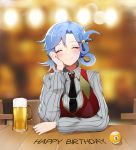  1girl alcohol bangs bbuni beer_mug blue_hair blurry blurry_background blush breasts chiebukuro_setsuka closed_eyes closed_mouth collared_shirt commentary_request cup dangan_ronpa facing_viewer grey_sweater hair_ornament hand_on_own_cheek hand_on_own_face happy_birthday highres korean_commentary large_breasts long_sleeves mug necktie shirt short_hair sitting smile solo striped striped_shirt striped_sweater super_dangan_ronpa_another_2 sweater tie_clip upper_body vest wing_collar 