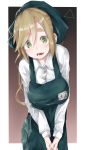  1girl apron blonde_hair breasts eyebrows_visible_through_hair fang gradient gradient_background green_eyes hands_together head_scarf highres inuyama_aoi large_breasts leadin_the_sky long_hair name_tag simple_background skin_fang solo store_clerk thick_eyebrows uniform yurucamp 
