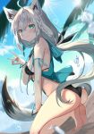  1girl \n/ ahoge animal_ears aqua_eyes armpit_crease ass bare_arms bare_shoulders barefoot bikini black_bikini braid breasts day drawstring fox_ears fox_girl fox_tail from_side grey_hair highres hololive hood hood_down long_hair looking_at_viewer looking_to_the_side low_ponytail open_clothes outdoors satoupote shirakami_fubuki sky sleeveless sleeveless_jacket small_breasts smile solo squatting string_bikini sun sunlight swimsuit tail thighs very_long_hair virtual_youtuber 