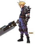  1boy artist_name blonde_hair blue_eyes buster_sword clenched_hand cloud_strife english_commentary final_fantasy final_fantasy_vii highres holding holding_sword holding_weapon looking_down muhammad_firdaus redesign solo sword weapon white_background 
