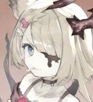  1girl animal_ears bare_shoulders blonde_hair blue_eyes borrowed_character brown_background brown_choker brown_neckwear chimera_(toridamono) choker closed_mouth collarbone face fang hair_ornament hair_over_one_eye hairclip highres horns looking_at_viewer original ryou_(ponpgo) short_hair sketch smile solo upper_body 