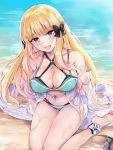  1girl bangs bikini black_bow blonde_hair blue_eyes blush bow breasts elf eyebrows_visible_through_hair hair_bow highres konka large_breasts long_hair looking_at_viewer open_mouth pointy_ears princess_connect! princess_connect!_re:dive saren_(princess_connect!) smile solo swimsuit 