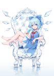  1girl :p bangs bare_legs barefoot blue_bow blue_dress blue_eyes blue_hair blush bow cirno closed_mouth collared_shirt commentary_request crossed_legs dress eyebrows_visible_through_hair food full_body hair_bow highres holding holding_food ice looking_at_viewer neck_ribbon pinafore_dress popsicle red_neckwear red_ribbon ribbon shirt short_hair short_sleeves sitting smile solo throne tongue tongue_out torinari_(dtvisu) touhou white_shirt 