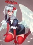  1girl absurdres angel angel_wings closed_mouth elbow_gloves eyebrows_visible_through_hair feathered_wings feathers frills gloves green_hair hair_between_eyes hair_ornament halo haru_torimaru highres kneeling medium_hair original puffy_sleeves red_eyes red_fur red_gloves red_legwear red_neckwear red_ribbon ribbon smile stitched_mouth stitches white_feathers wings x x_hair_ornament 