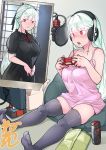  1girl bangs bare_shoulders bean_bag_chair black_legwear blue_hair blush breasts can controller dress eyebrows_visible_through_hair fangs game_controller headphones long_hair looking_at_viewer microphone neone original red_eyes sitting smile sweatdrop teeth thigh-highs 